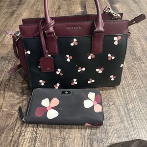 Kate Spade Black and Burgundy Floral Satchel with matching wallet